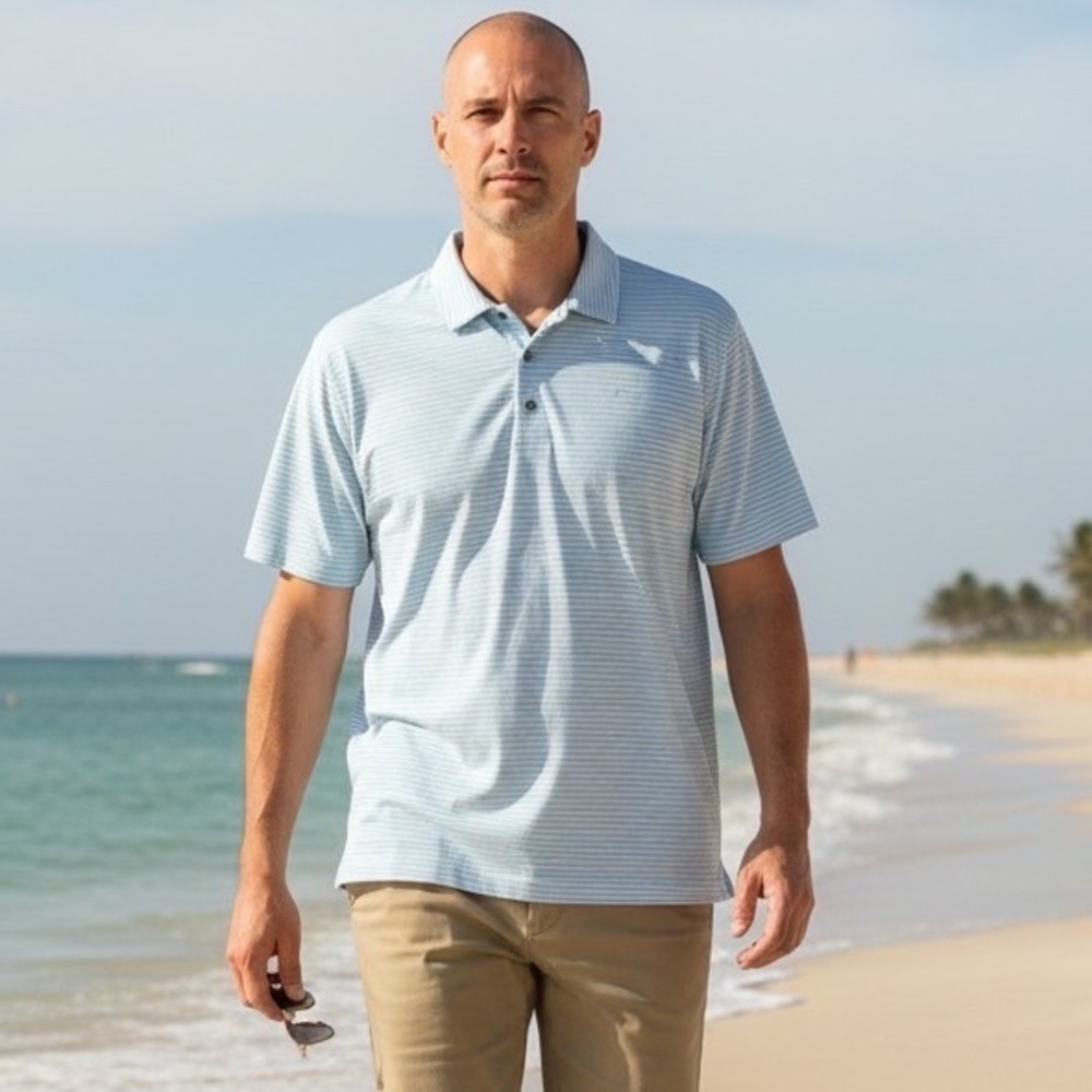 Tasc Performance Mens Carrollton Polo Shirt Light‎ Blue White Striped Large L